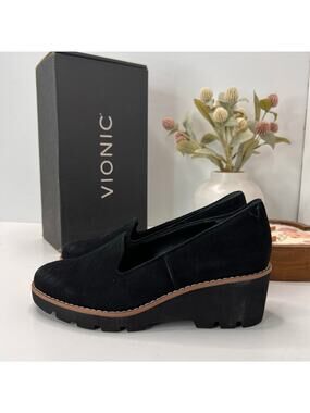Vionic Willa Wedge Loafers Suede Slip On Black Women 6 Tried On Water Repellent
